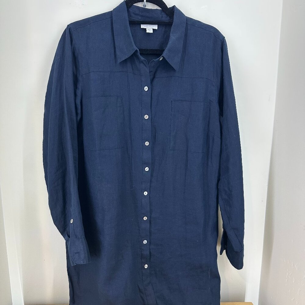 J. Jill Love Linen Women Large Navy‎ Blue Long Sleeve Tunic Top Shirt